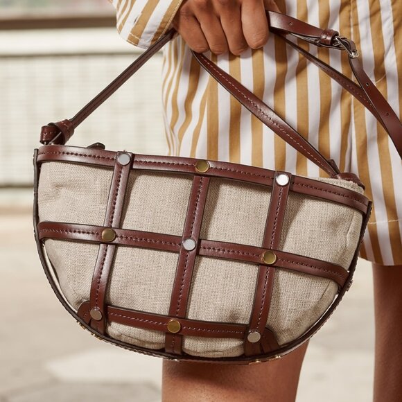 NWT STAUD Sebastian Caged Leather &Linen Shoulder crossbody bag NEW w/ dust bag - Picture 9 of 16